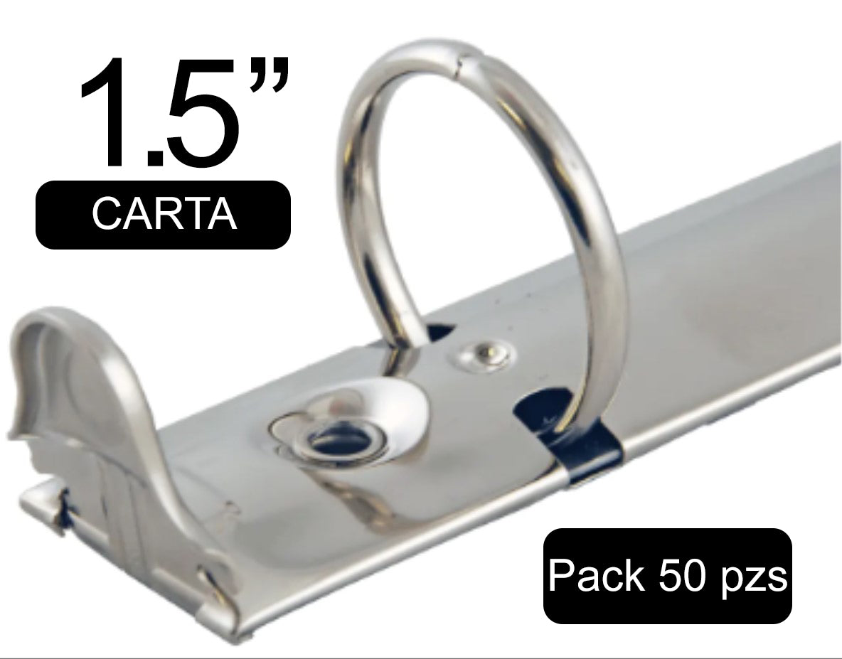 Mecanismo tamaño carta con tres argollas abatibles de 1.5 pulgadas y terminado niquelado. Capacidad para 325 hojas, incluye palancas laterales para apertura y remaches para montaje. Ideal para encuadernación de carpetas, directorios o catálogos. Pack de 50 piezas con envío a toda la república. Mecanismo tamaño carta con tres argollas abatibles de 1.5 pulgadas y terminado niquelado. Capacidad para 325 hojas, incluye palancas laterales para apertura y remaches para montaje. Ideal para encuadernación de carpetas, directorios o catálogos. Pack de 50 piezas con envío a toda la república.